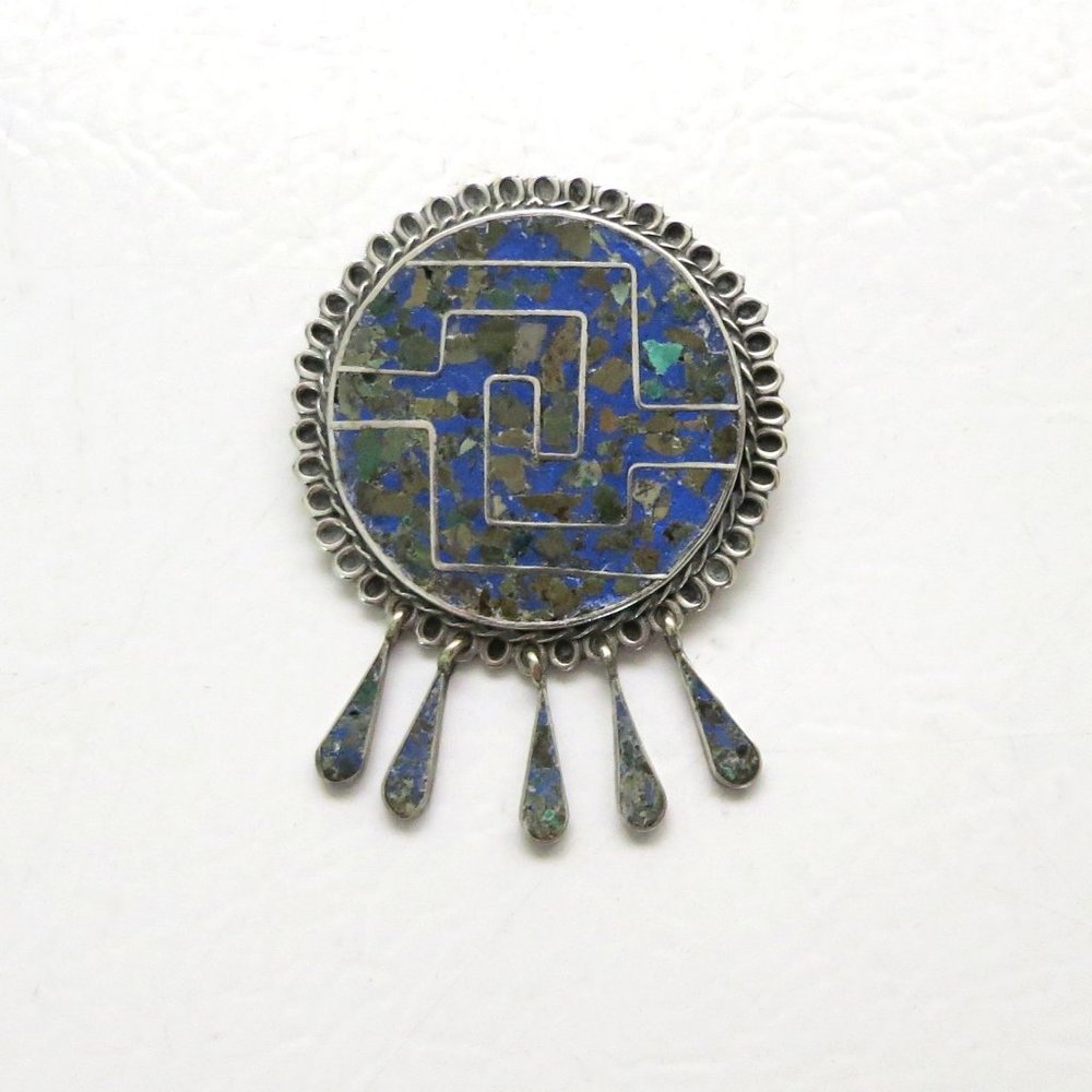 Vintage 925 Taxco "TERE" Sterling Silver~Turquoise BROOCH PIN PENDANT